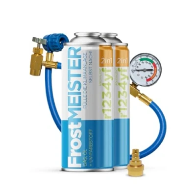 Afbeelding van FrostMEISTER 2 in 1 navulset voor auto airconditioning (2 x 400 ml + slang met manometer en adapter) R1234yf (vanaf 2017) snel, eenvoudig milieuvriendelijk gebruik