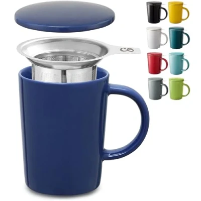 Afbeelding van Theemok met zeef en deksel keramiek blauw houdt lang warm 400 ml groot vaatwasmachinebestendig