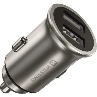 Afbeelding van Swissten Mini Autolader 2 USB poorten 24W Zilver