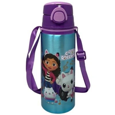 Afbeelding van Gabby&#039;s Dollhouse aluminium drinkfles met rietje, 730 ml, fles automatische opening pop up voor kinderen, inclusief schouderriem