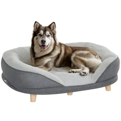 Afbeelding van PawHut Hondenbank en kattenbank, wasbare hoes met rugleuning houten poten, voor middelgrote honden onder 25 kg, 90 x 78 cm, grijs