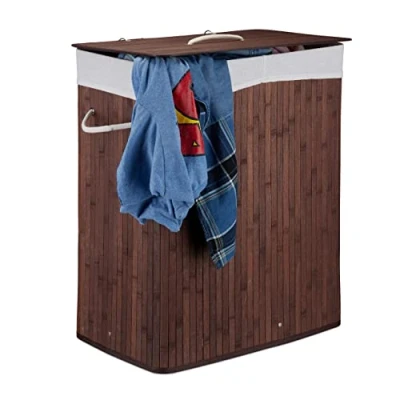 Afbeelding van Relaxdays wasmand 2 vakken bamboe wasbox 95 liter opvouwbaar met deksel bruin