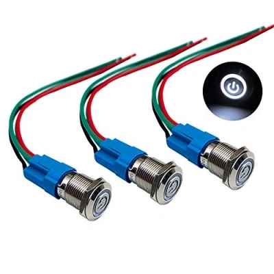 Afbeelding van QitinDasen 3 stuks premium 12 V/24 V A, zelfblokkerende drukknopschakelaar, mm, witte led schakelaar, waterdicht, IP66, met stekkerkabel