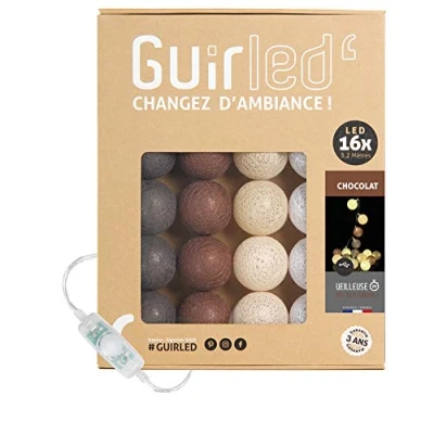 Afbeelding van GuirLED Lichtketting met bolletjes van katoen, USB, 2 uur nachtlampje voor baby&#039;s, incl. A dubbele USB adapter, 3 intensiteiten, 16 bolletjes, 1,6 m, Chocolat