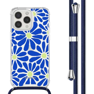 Afbeelding van iMoshion Hoesje Geschikt voor iPhone 15 Pro met Koord Design Meerkleurig / Cobalt Blue Flowers Connect