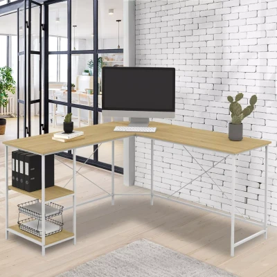 Afbeelding van DETROIT L vormig industrieel design hoekbureau in hout en wit metaal