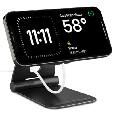 Afbeelding van Spigen Mag Fit S Verstelbare aluminium standaard compatibel met MagSafe oplader 2020 2023, iPhone serie 16/15/14/13/12, AirPods 4 (2024), Pro 1/2 en 3, zwart