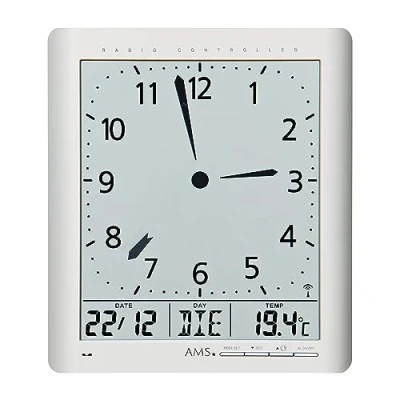 Afbeelding van AMS F5898 Wandklok Radiogestuurde tijdsaanduiding Digitaal Temperatuur Zilverkleurig