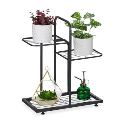 Afbeelding van Relaxdays planten etagère 3 etages woonkamer plantenrek binnen staal zwart
