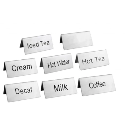 Afbeelding van New Star Foodservice 27402 Set van 8 roestvrijstalen tafeltentpanelen inclusief &quot;koffie&quot;, cafeïnevrij, hete thee, ijsthee, warm water, melk, room en maagd, 7,6 x 3,8 cm