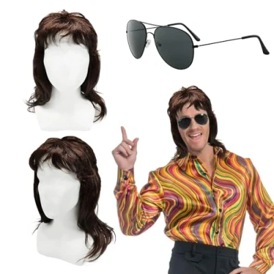 Afbeelding van TUONYIS Nachtclubpruik, pruik voor heren, jaren &#039;60, 70, 80, rock, discopruik, kostuum, punk, lange pruik, hippie cosplay, Halloween, themafeest, feestjes (2 stuks)