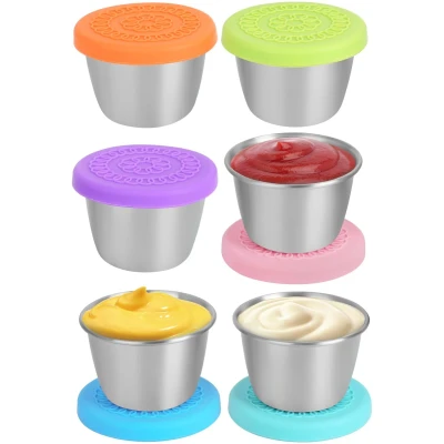Afbeelding van Winter Shore Recipient Saus 60 ml met deksel (6 stuks) dressingpot van voedselveilig roestvrij staal voor saus, lunchbox, maaltijdbereiding, waterdichte siliconen deksels