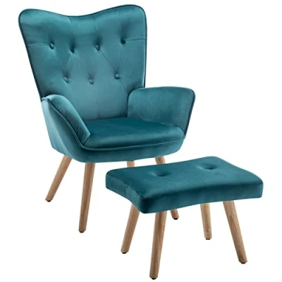 Afbeelding van Fauteuil met voetsteun, relaxstoel, woonkamerstoel, fluweel, bijzetstoel, HollyHOME leesstoel, slaapkamerstoel, blauwgroen