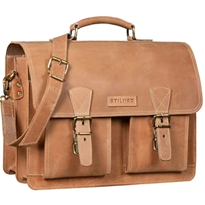 Afbeelding van STILORD Jeffrey Grote lederen tas Voor leraren 15,6 inch laptop school, universiteit en zakelijk gebruik, Princeton bruin, aktetas
