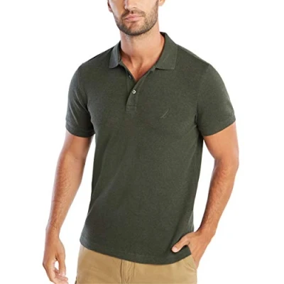 Image de Nautica Polo en coton doux et solide à manches courtes pour homme, Vert mousse chiné, Medium