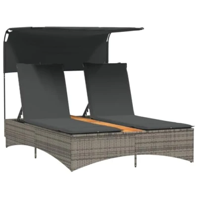 Afbeelding van Ligbed 2 persoons met luifel en kussens poly rattan grijs