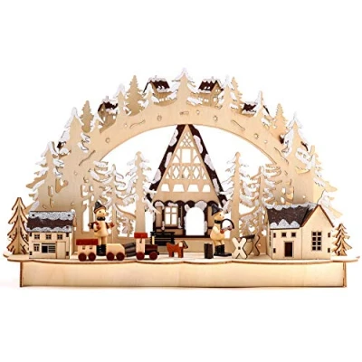 Afbeelding van BRUBAKER 3D LED lichtboog, winterlandschap met houtarbeiders, verlichting, natuurlijk hout, 43,5 x 26,8 10,1 cm, handgeschilderd