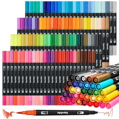 Afbeelding van Kleurstiften voor volwassenen, penseelstiften met dubbele punt 100 kleuren marker op waterbasis tekenen, schrijven, kalligrafie, kleuren, schetsen, kerstcadeau