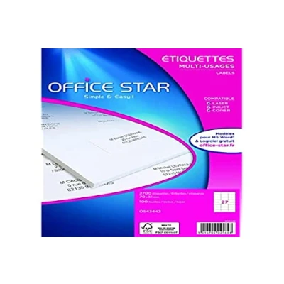 Afbeelding van OFFICE STAR verpakking met 2700 multifunctionele etiketten, personaliseerbaar en bedrukbaar, formaat 70 x 31 mm, laserprinter/inkjetprinter, (OS43442)