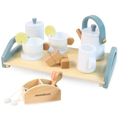 Afbeelding van Mamabrum Houten Theeset voor Kinderen 3+, Theeservies Met Dienblad 17 Delig, Rollenspeelspeelgoed Barista, Kok, Theepot en Speelbekers