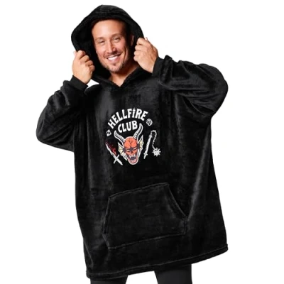 Afbeelding van Stranger Things Hellfire Club Herentrui met capuchon, geruit, poncho, fleece, oversized, één maat, volwassenen, tieners, zwart.