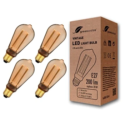 Afbeelding van Greenandco® ledlamp, decoratief, vintage, retro, industrieel, antiek, Edison, E27, ST64, 4 W, 200 lm, 1800 K, zeer warm wit, 320 graden, 230 V, geen flikkeren, niet dimbaar, stuks
