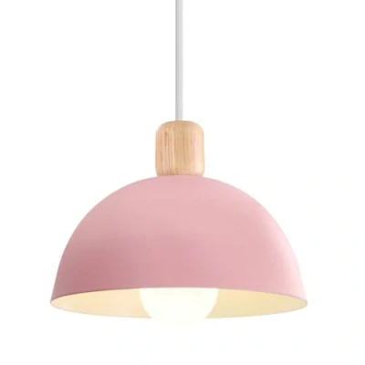 Afbeelding van iDEGU Retro hanglampen, modern, halfrond, plafondlamp, E27, hout, metaal, hanglamp, voor slaapkamer, eetkamer of keuken, diameter 20 cm, 1 stuk, roze