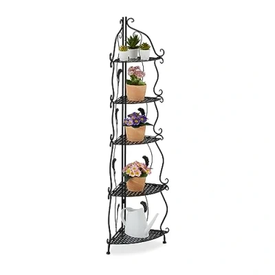 Afbeelding van Relaxdays Hoekrek van metaal, 5 etages, 136 x 30 cm (h b d), vrijstaand plantenrek, opvouwbaar, vintage look, zwart, staal, kunststof