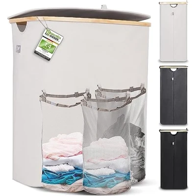 Afbeelding van Hennez Wasmand Opbergmand 150L 3 compartimenten met deksel Waszak Wasbaar Rechthoekige Bamboe Frame