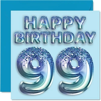 Afbeelding van Verjaardagskaart voor heren 99e verjaardag blauwe glitterfeestballon verjaardagskaarten mannen van 99 jaar, overgrootvader, opa,