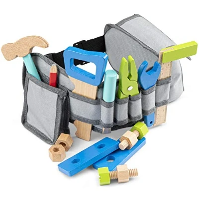 Afbeelding van New Classic Toys 18286 Verstelbare gereedschapsriem met kleurrijk speelgereedschap en houten accessoires, meerkleurig
