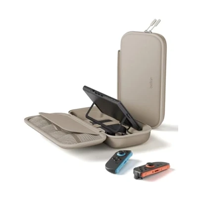 Image de Belkin Gaming Pochette de rangement avec batterie externe 10 000 mAh pour Nintendo Switch 2 écran LCD, recharge rapide 30W, compartiments AirTag et cartes jeux, Beige