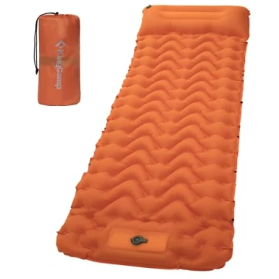 Afbeelding van KingCamp Campingmat, ultralicht en opblaasbaar met geïntegreerde voetpomp, duurzame compacte opblaasbare slaapmat kussen, campingmatras voor wandelen, kamperen, oranje