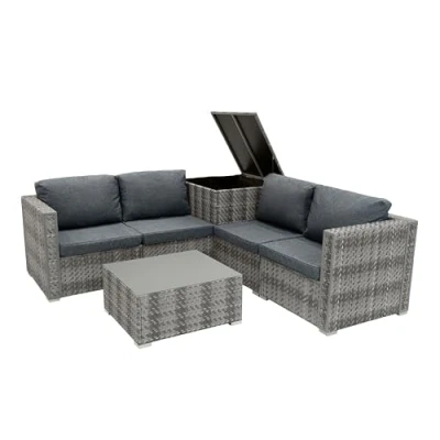 Afbeelding van Rotan Modulaire Tuinmeubelen 6 Delige Set, Marielle, Grijs, 4 Zits Zitbank, Sectionele Stoelen met Kussens, Salontafel Glazen Blad, 250L Opbergkist, Wasbare Waterdichte Regenhoes, Buiten, Terras
