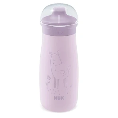 Afbeelding van NUK Mini Me Sip Mok voor kinderen, 9 maanden, 300 ml, drinkfles van roestvrij staal druppelvrije geharde uitloop, onbreekbaar, lila herten