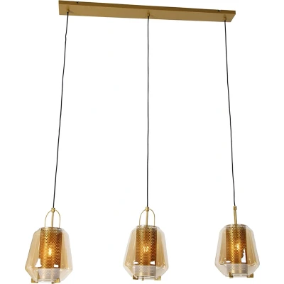 Afbeelding van QAZQA Hanglamp goud met amber glas 23 cm langwerpig 3 lichts Kevin