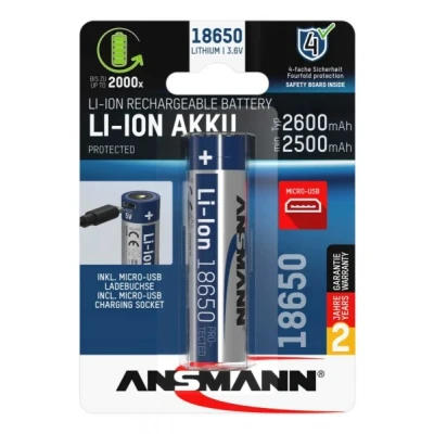 Afbeelding van Ansmann LiIon 18650 3.6V 2600mAh met micro USB oplaadaansluiting beveiligingsschakeling