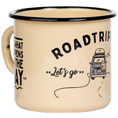 Afbeelding van MUGSY I Roadtripping geëmailleerde mok met Campbus motief en spreuk 330 ml, emaille beker, campinguitrusting (geel)