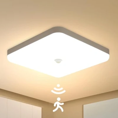 Afbeelding van Combuh Led plafondlamp met bewegingsmelder, 30 W, waterdicht, IP56, 2400 lm, warmwit, 3000 K, vierkant, voor buiten, badkamer, hal, balkon, garage, keuken, Ø 25 cm