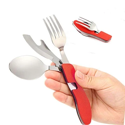 Afbeelding van Senven 4 in 1 campingbestekset, roestvrij staal, vork, lepel, mes, blikopener voor kamperen, reizen, survival, opvouwbaar, afneembaar, rood