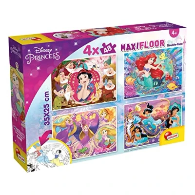 Afbeelding van liscianigiochi Lisciani, Kinderpuzzel vanaf 3 jaar, 4 x 48 stukjes, 2 in 1 dubbelzijdig op voor en achterkant met om te kleuren, Disney Princess, 91744