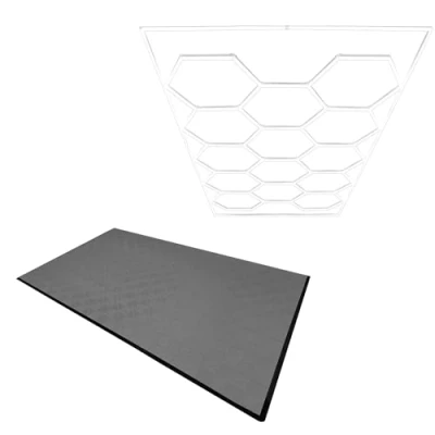 Afbeelding van Geventileerde modulaire vloerbedekking 120 grijze tegels met randen + 14 zeshoekige LED verlichting 6500K, 3 montagemogelijkheden en ophangkit. Garagevloerbedekking 3,2x6m 19,2m².