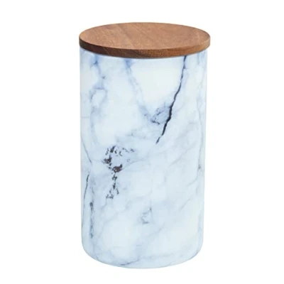Afbeelding van Mio, bewaardoos van borosilicaatglas in marmerlook blauw/wit, met luchtdicht afsluitbaar deksel FSC® gecertificeerd bruin acaciahout, 0,5 l, 11 x 8,5 cm