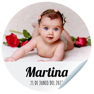 Afbeelding van Zelfklevende doopfotostickers, personaliseerbaar, met naam en datum, voor gastgeschenken, afmetingen: 45 mm/60 mm/70 mm diameter, niet geschikt kleding