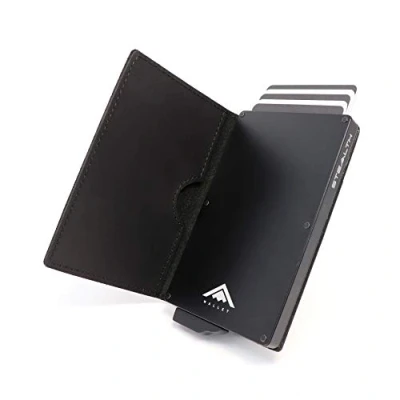 Afbeelding van Stealth Minimalistische portefeuille met pop up kaarthouder, in geschenkdoos, licht en dun aluminium creditcard etui RFID/NFC blokkering