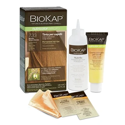 Afbeelding van BIOKAP Nutricolor Delicato, haarkleur zonder ammoniak, maakt het haar zacht en glanzend, met natuurlijke kleuren, 140 ml (7,33 blond tarwe goud)