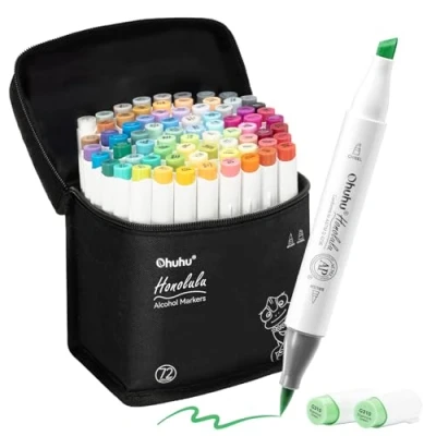 Afbeelding van 72 Kleurmarkeringen Set Ohuhu dubbele tip penseel &amp; Beitel schets marker voor kinderen, kunstenaar, studenten, penseelstiften schetsen, volwassen kleuren, Kalligrafie, tekenen en illustratie Markers