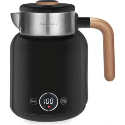 Afbeelding van MPM Dubbelwandige Waterkoker 1.5 Liter Retro Woodlook met Temperatuur Instellingen Digitaal Display RVS Zwart