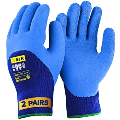 Afbeelding van S&amp;R 2 paar winterwerkhandschoenen met latexcoating, 3/4 warme acrylvoering, heren en dames, maat L/9, voor opslag, automontage, thermische beschermende handschoenen, gevoerd