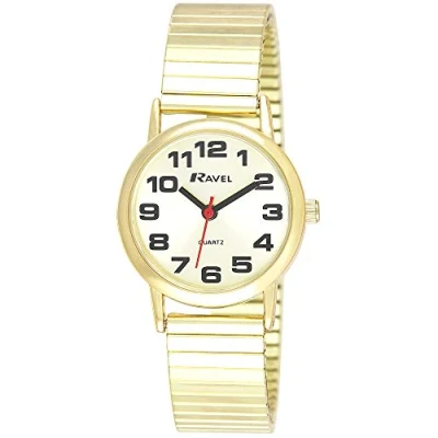 Afbeelding van Ravel Uniseks horloge met uittrekbare armband van roestvrij staal grote cijfers kwarts analoog R0208, Gouden toon,
